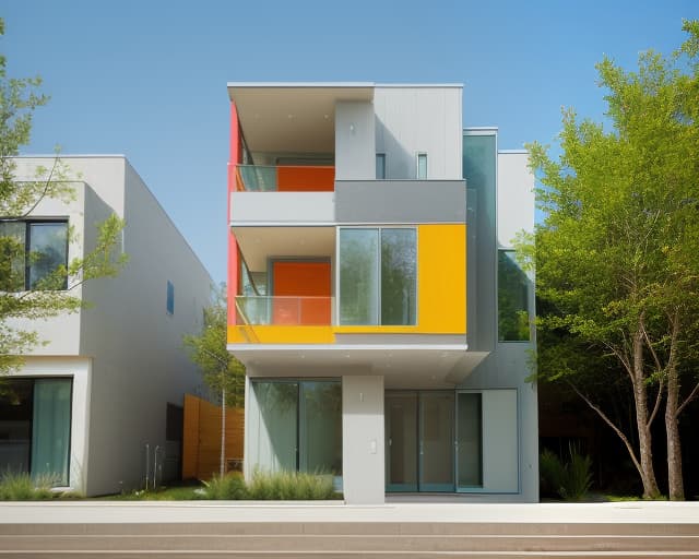  Modern cubic housing architecture, beautiful modern materials, bright colors in harmony with the surrounding landscape