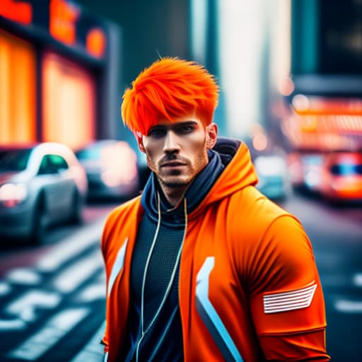 estilovintedois orange haired boy in the city dressed in orange and orange headphones hyperrealistic, full body, detailed clothing, highly detailed, cinematic lighting, stunningly beautiful, intricate, sharp focus, f/1. 8, 85mm, (centered image composition), (professionally color graded), ((bright soft diffused light)), volumetric fog, trending on instagram, trending on tumblr, HDR 4K, 8K