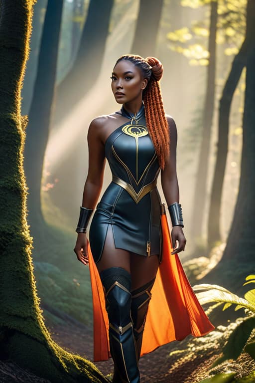  best quality, masterpiece, highres, photorealistic, high quality, volumetric lighting, candid, Photograph, high resolution, nightime, a black women with skin details, fiery braids hair, light Aureolin eyes, whymsical, fantasy, harmonious, determined, foggy old forest, dress like a super heros, beautiful with eyes liner realistic hyperrealistic, full body, detailed clothing, highly detailed, cinematic lighting, stunningly beautiful, intricate, sharp focus, f/1. 8, 85mm, (centered image composition), (professionally color graded), ((bright soft diffused light)), volumetric fog, trending on instagram, trending on tumblr, HDR 4K, 8K