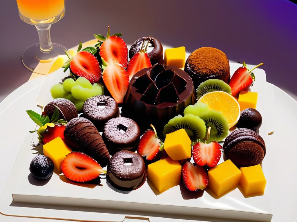  An ultradetailed image of a beautifully intricate dessert platter showcasing a variety of Africaninspired sweets. The platter includes delicate pastries with vibrant colors and intricate designs, rich chocolate truffles with hints of exotic spices, and elegantly plated fruit desserts featuring tropical flavors. The desserts are artfully arranged on a sleek, minimalist white platter, with subtle lighting that highlights the textures and colors of each treat, creating a visually stunning and mouthwatering display of the diverse flavors of the African continent. hyperrealistic, full body, detailed clothing, highly detailed, cinematic lighting, stunningly beautiful, intricate, sharp focus, f/1. 8, 85mm, (centered image composition), (professionally color graded), ((bright soft diffused light)), volumetric fog, trending on instagram, trending on tumblr, HDR 4K, 8K