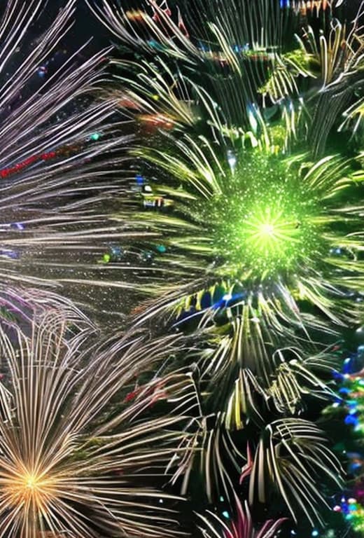  Christmas celebration with colorful fireworks in starry night. HD, 4k, HDR, hyperdetailed
