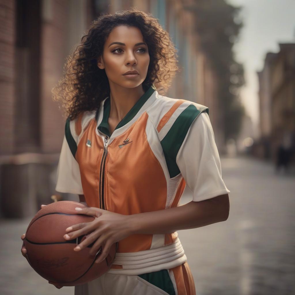  cinematic film still A woman in a basketball uniform holding a ball and wearing a whistle around her neck of European appearance. . shallow depth of field, vignette, highly detailed, high budget, bokeh, cinemascope, moody, epic, gorgeous, film grain, grainy hyperrealistic, full body, detailed clothing, highly detailed, cinematic lighting, stunningly beautiful, intricate, sharp focus, f/1. 8, 85mm, (centered image composition), (professionally color graded), ((bright soft diffused light)), volumetric fog, trending on instagram, trending on tumblr, HDR 4K, 8K