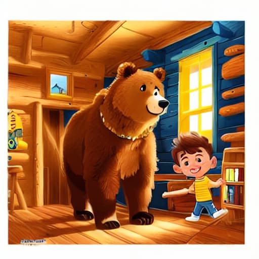  a boy with brown short hair and yellow shirt and blue jeans, a bear standing, in cabin