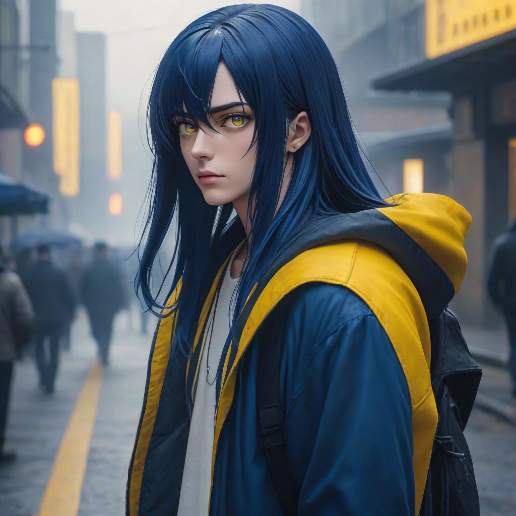  man, dark blue hair, eyes yellow color, long hair hyperrealistic, full body, detailed clothing, highly detailed, cinematic lighting, stunningly beautiful, intricate, sharp focus, f/1. 8, 85mm, (centered image composition), (professionally color graded), ((bright soft diffused light)), volumetric fog, trending on instagram, trending on tumblr, HDR 4K, 8K