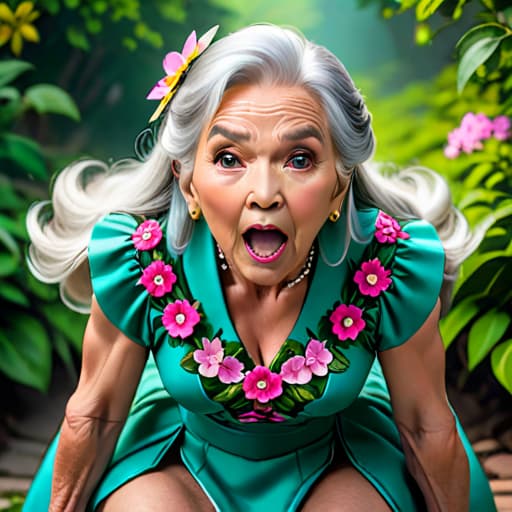   old woman, flower dress, exposing , aheago face, open mouth, squatting dynamic view, from above, looking up at viewer, tongue out, saliva drooling out of her open mouth down her chin and onto her small perky s, pink sports , bottomless, colorful, darl background,flower armor,green theme,exposure blend, medium shot, bokeh, (hdr:1.4), high contrast, (cinematic, teal and orange:0.85), (muted colors, dim colors, soothing tones:1.3), low saturation, hyperrealistic, full body, detailed clothing, highly detailed, cinematic lighting, stunningly beautiful, intricate, sharp focus, f/1. 8, 85mm, (centered image composition), (professionally color graded), ((bright soft diffused light)), volumetric fog, trending on instagram, trending on tumblr, HDR 4K, 8K