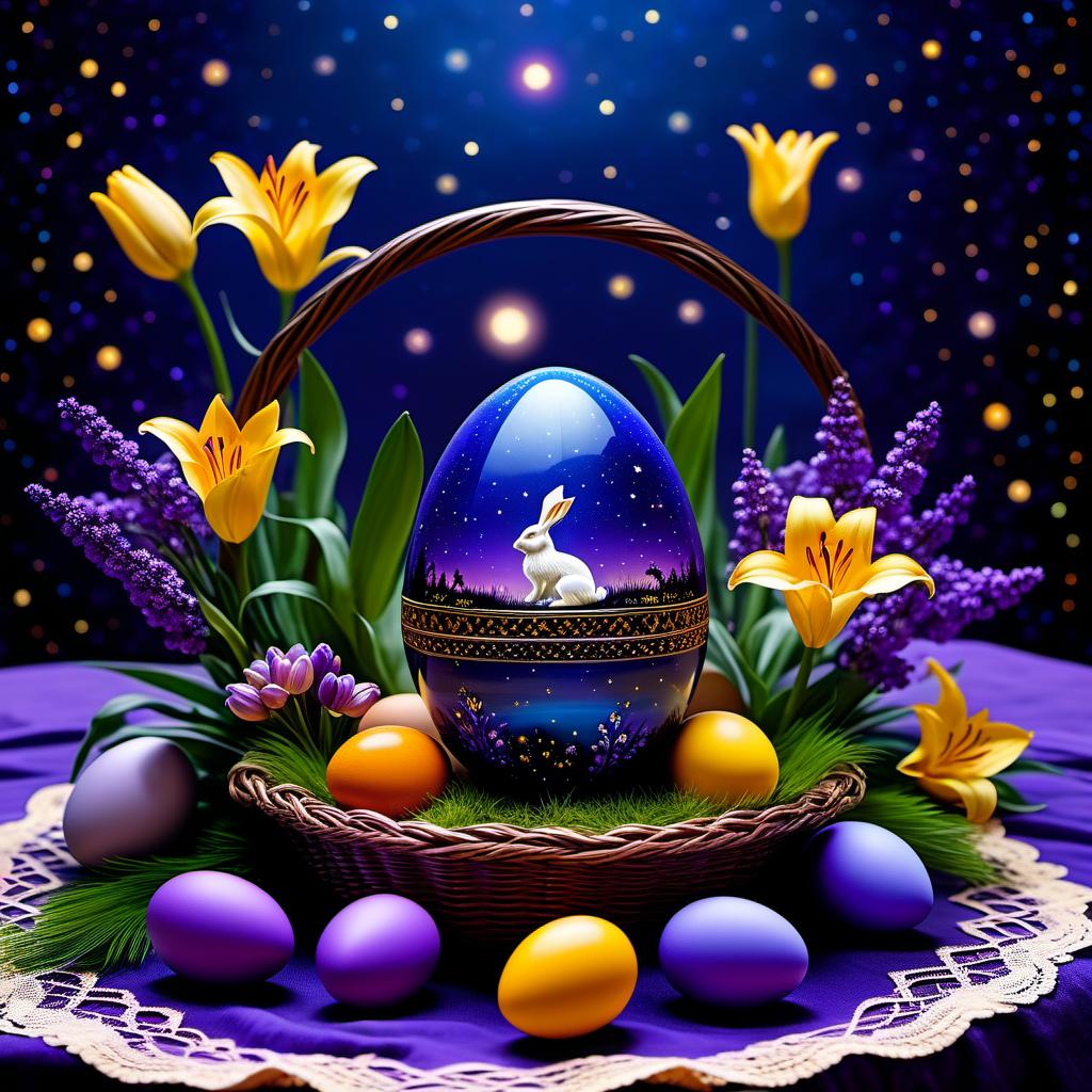  ethereal fantasy concept art of (Sky):starry night. (Colour):dark blue, violet, lilac. Yellow, orange cream lilies blossom on the background of the starry sky. On the openwork tablecloth is an Easter basket with Easter eggs. In the centre of the basket is a large decorative glass egg on a carved wooden stand. In the egg sits the Easter Bunny. (Bunny). Description: a small fluffy adorable bunny. Wool of delicate pastel colours: blue, lilac, the colour of cocoa with milk. Sits in the young grass around him painted Easter eggs: lilac pink orange red, blue, lettuce. . magnificent, celestial, ethereal, painterly, epic, majestic, magical, fantasy art, cover art, dreamy hyperrealistic, full body, detailed clothing, highly detailed, cinematic lighting, stunningly beautiful, intricate, sharp focus, f/1. 8, 85mm, (centered image composition), (professionally color graded), ((bright soft diffused light)), volumetric fog, trending on instagram, trending on tumblr, HDR 4K, 8K