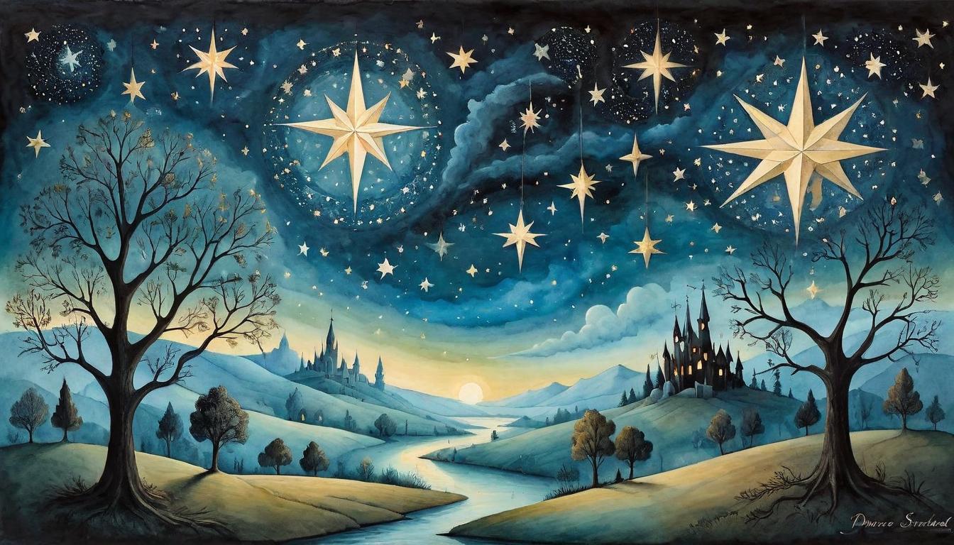  on parchment, surrealism+++, Three glimmering stars in a dark sky, each star a different hue, casting a gentle light over a serene landscape, ethereal, guiding(mysterious, provocative, symbolic,muted color)+++