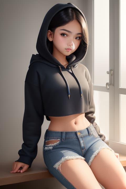  ((extremely beautiful:1.5)), ((12 year old in a cropped hoodie and ripped jeans:1.3)), ((flat chested:1.3)), 1girl,, detailed eyes, hyperrealistic, full body, highly detailed, cinematic lighting, intricate, sharp focus, f/1. 8, 85mm, (centered image composition), (professionally color graded), ((bright soft diffused light)), volumetric fog, trending on instagram, HDR 4K, 8K