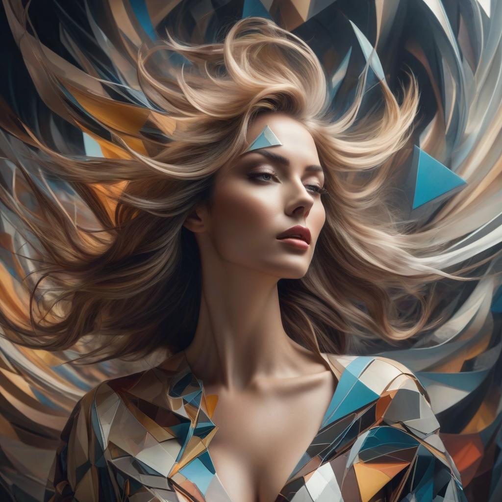  Abstract composition, cubism, portrait of a beautiful woman with flying hair, cubist art in high resolution hyperrealistic, full body, detailed clothing, highly detailed, cinematic lighting, stunningly beautiful, intricate, sharp focus, f/1. 8, 85mm, (centered image composition), (professionally color graded), ((bright soft diffused light)), volumetric fog, trending on instagram, trending on tumblr, HDR 4K, 8K