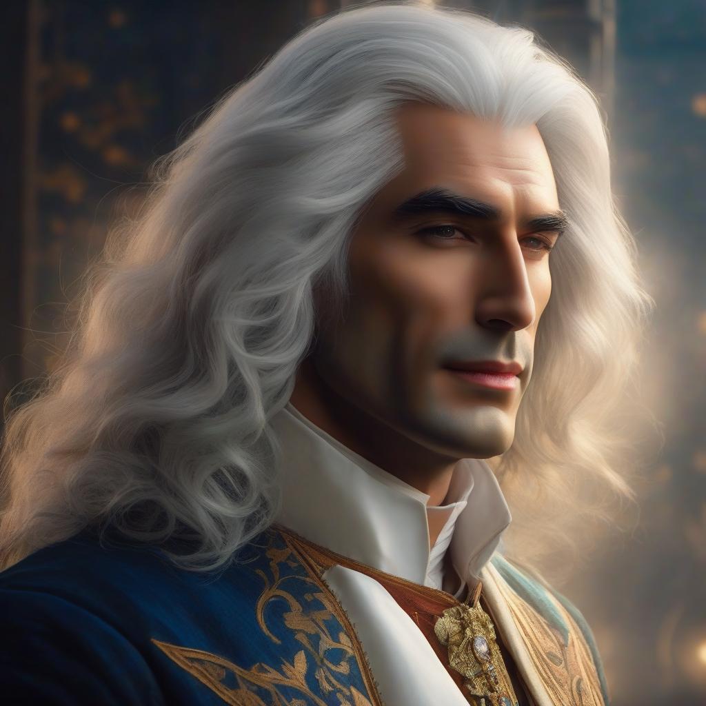  portrait of smiling ((brutal)) white haired white skinned aristocrat of 25 yo, young (hybryd of Gerard Barray and Timothy Dalton), with long hair and (sapphire) evil eyes; dressed in Victorian doublet with old shirt with an expensive neckerchief and a precious brooch; morning, dawn, a lot of fog hyperrealistic, full body, detailed clothing, highly detailed, cinematic lighting, stunningly beautiful, intricate, sharp focus, f/1. 8, 85mm, (centered image composition), (professionally color graded), ((bright soft diffused light)), volumetric fog, trending on instagram, trending on tumblr, HDR 4K, 8K