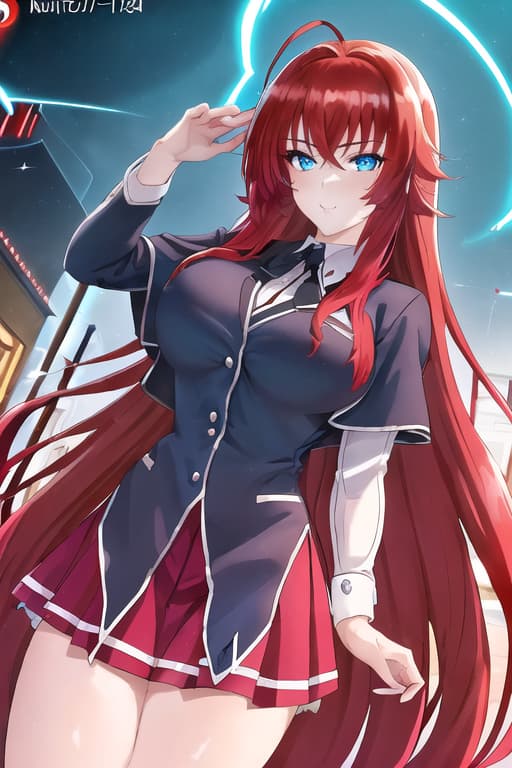  nstw,masterpiece, best quality, 1women, long red hair, looking at viewer, :3, cute, black school uniform, outdoors, streets, cowboy shot, curvy, (((blue eyes))), rias gremory, red hair, antenna hair, wavy hair, ((beautiful detailed eyes, beautiful detailed glow, lots of glow)), anime screencap