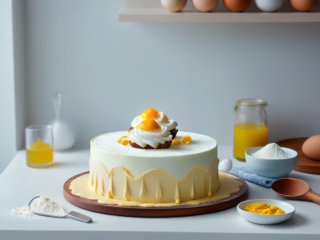  An ultradetailed, 8k resolution image of a sleek, modern kitchen countertop with scattered baking ingredients like flour, sugar, and eggs, alongside highend baking tools such as mixing bowls, measuring cups, and a stand mixer. The image showcases a minimalist aesthetic with a focus on clean lines and muted colors, evoking a sense of precision and sophistication in the art of pastry design. hyperrealistic, full body, detailed clothing, highly detailed, cinematic lighting, stunningly beautiful, intricate, sharp focus, f/1. 8, 85mm, (centered image composition), (professionally color graded), ((bright soft diffused light)), volumetric fog, trending on instagram, trending on tumblr, HDR 4K, 8K