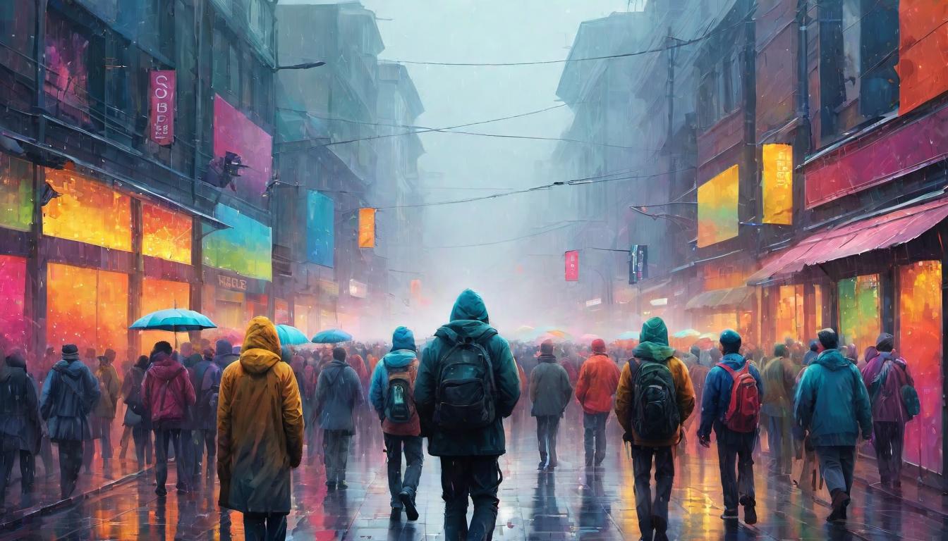  digital illustration Crowds of faceless figures, wandering in a fog of colorful noise, evoking feelings of disorientation and overwhelm, blurred, lost. looking at viewer, dynamic pose, (intricate details, masterpiece, best quality)