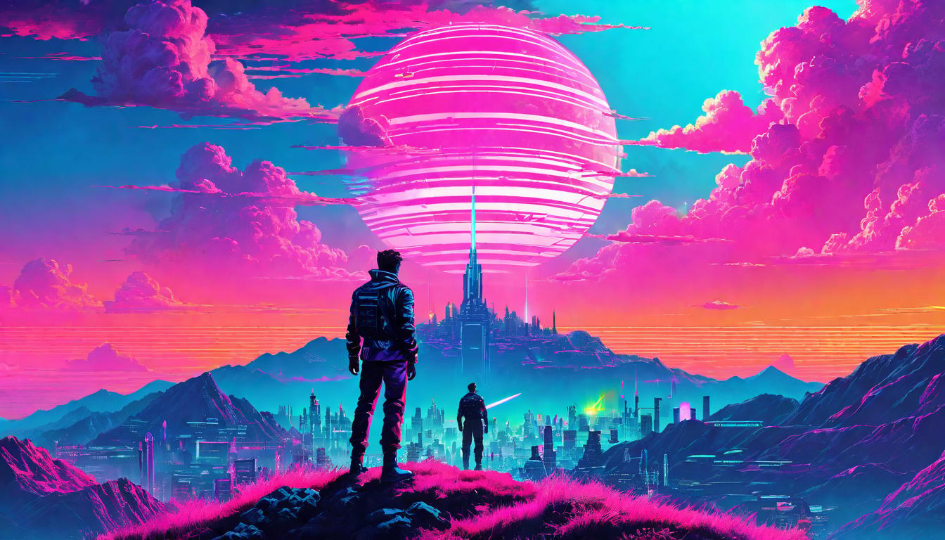  vaporwave,cyberpunk game style Person standing on hilltop, light emanating from head, horizon of starseon, dystopian, futuristic, digital, vibrant, detailed, high contrast, reminiscent of cyberpunk genre video games,retro aesthetic, cyberpunk, vibrant, neon colors, vintage 80s and 90s style, highly detailed