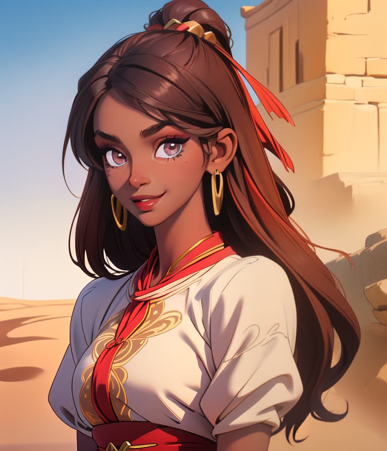  (masterpiece, best quality), beautiful face, detailed face, delicate makeup, (dark-skinned female), sunshine smile, intricate, traditional clothes, desert, bracelet, town, hair ornament, jewelry, leaning back, looking at viewer, upper body, plateau, sandstorm