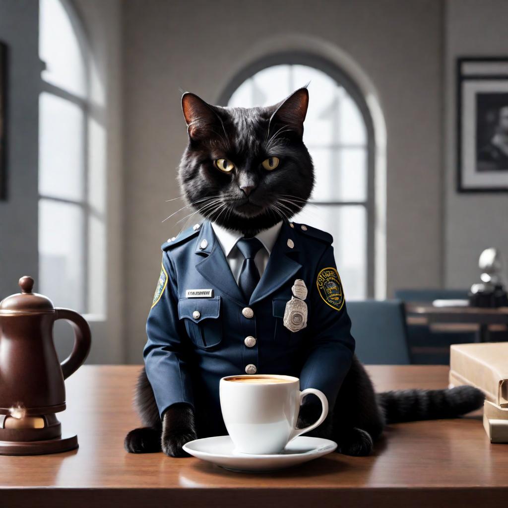  A cat in police uniform sitting at a table with a handgun and a coffee mug. Text on the image reads: 'I HAVEN'T HAD MY COFFEE YET' at the top and 'DON'T PURRR-SUE ME' at the bottom. hyperrealistic, full body, detailed clothing, highly detailed, cinematic lighting, stunningly beautiful, intricate, sharp focus, f/1. 8, 85mm, (centered image composition), (professionally color graded), ((bright soft diffused light)), volumetric fog, trending on instagram, trending on tumblr, HDR 4K, 8K