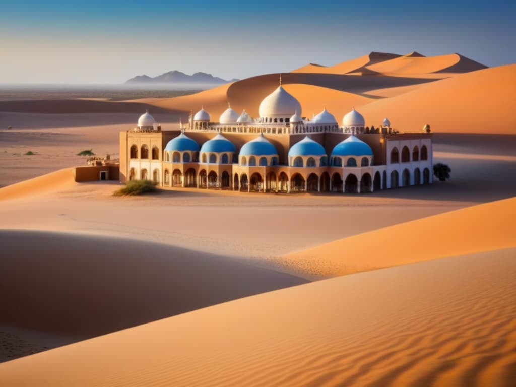  A stunning photorealistic image of a luxurious boutique hotel nestled in the heart of a vast desert landscape. The hotel features intricate Moorish architecture with ornate domes and arched windows, surrounded by endless golden sand dunes that stretch to the horizon under a clear blue sky. The scene captures the essence of tranquility and exclusivity, with a few camel caravans peacefully passing by in the distance, adding a touch of exotic charm to the overall ambiance. hyperrealistic, full body, detailed clothing, highly detailed, cinematic lighting, stunningly beautiful, intricate, sharp focus, f/1. 8, 85mm, (centered image composition), (professionally color graded), ((bright soft diffused light)), volumetric fog, trending on instagram, trending on tumblr, HDR 4K, 8K