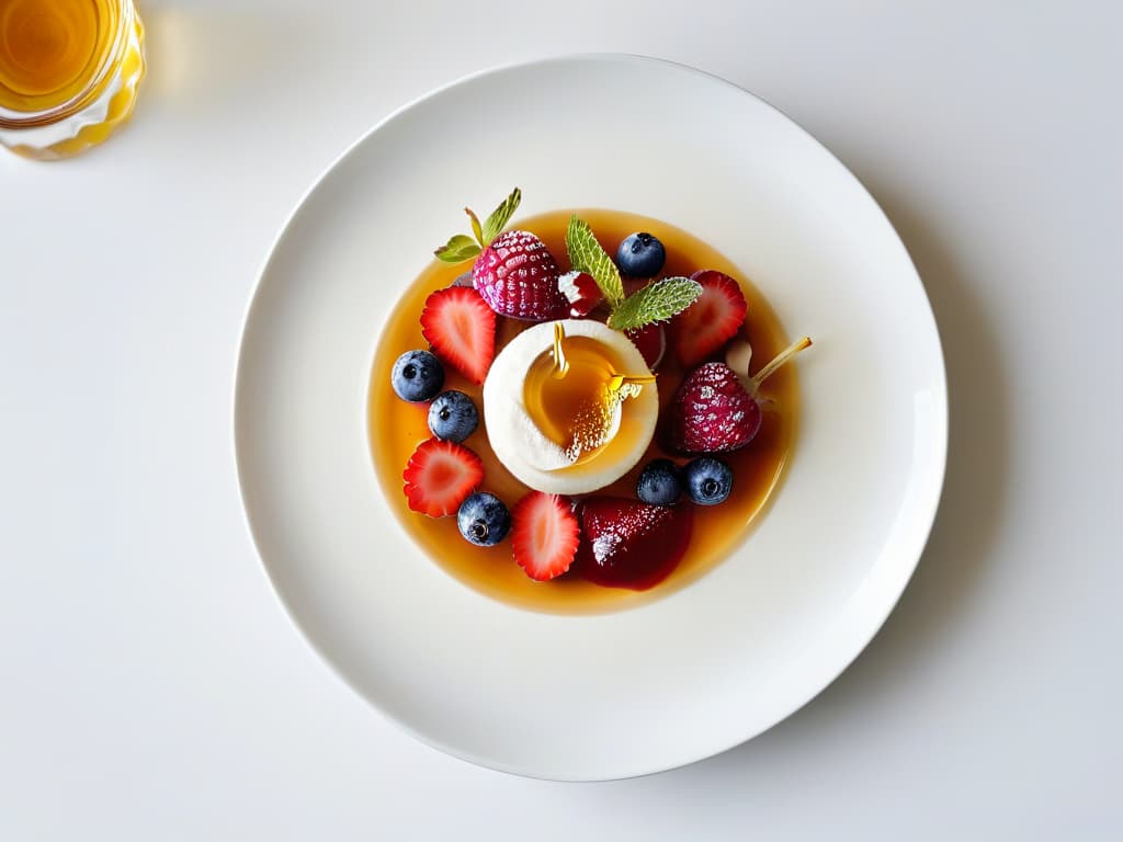  A minimalist, highresolution image of an elegantly plated dessert featuring a variety of natural sweeteners such as honey, maple syrup, and stevia, surrounded by fresh berries and edible flowers. The dessert is artfully presented on a sleek, white ceramic plate, with soft natural lighting highlighting the textures and colors of the ingredients. hyperrealistic, full body, detailed clothing, highly detailed, cinematic lighting, stunningly beautiful, intricate, sharp focus, f/1. 8, 85mm, (centered image composition), (professionally color graded), ((bright soft diffused light)), volumetric fog, trending on instagram, trending on tumblr, HDR 4K, 8K