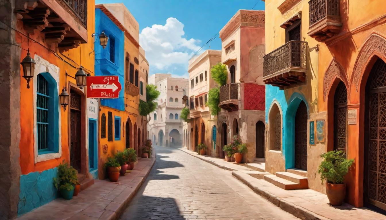  digital painting of Street signs and murals in Medina, adorned with Muezza's image, bustling life, homage in the heart of the city, cultural pride looking at viewer, dynamic pose, (intricate details, masterpiece, best quality)