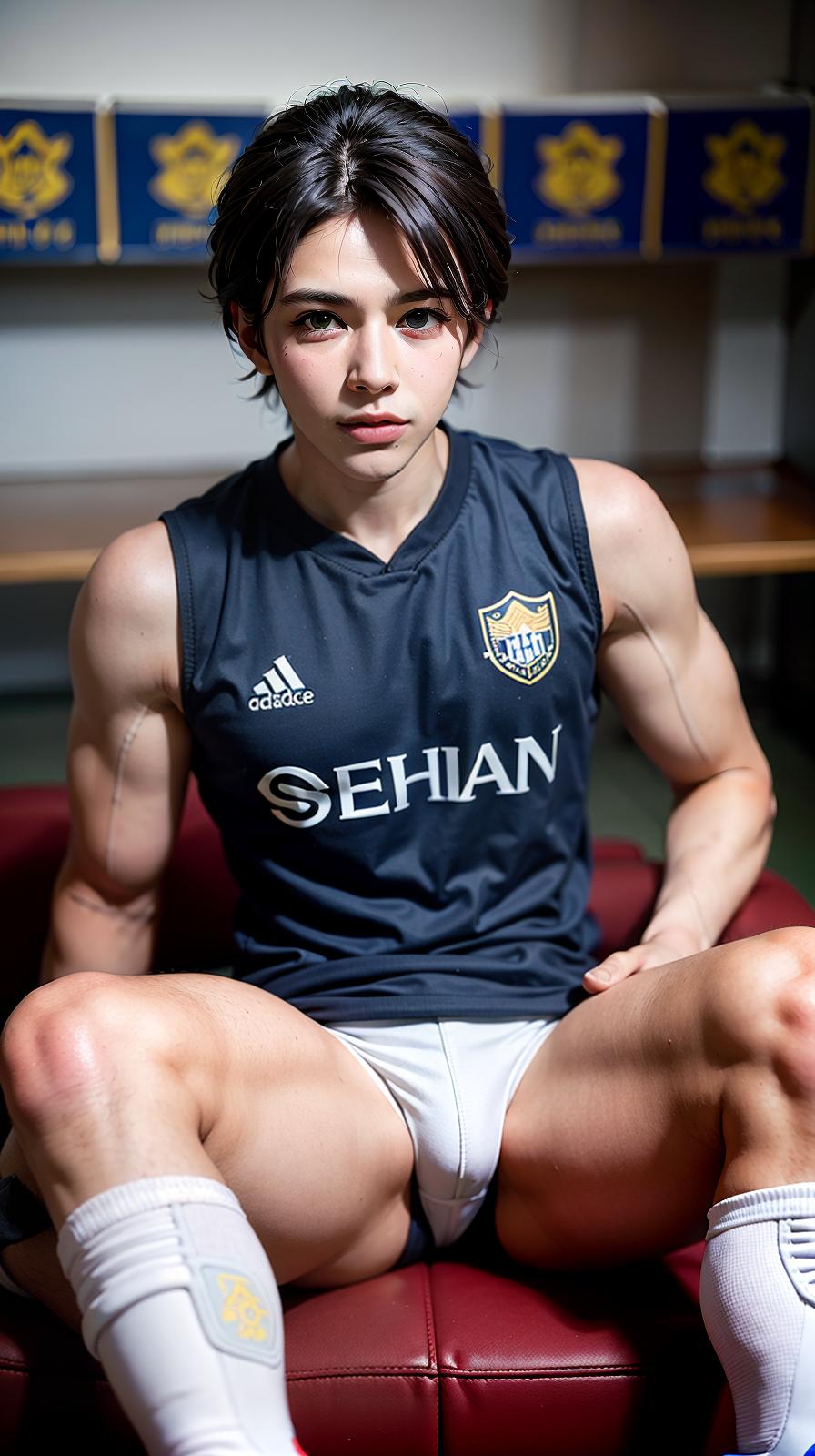  ultra high res, (photorealistic:1.4), raw photo, (realistic face), realistic eyes, (realistic skin), <lora:XXMix9_v20LoRa:0.8>, handsome, (male:2), (young male soccer players:1.3), (pompadour:1.1), (white briefs:1.3), (sleeveless:1.2), spike shoes, (soccer shin guards:1.3), young, , (torn blue and white stripes uniform:1.1), sitting posture, (spread legs:1.1), real skin, (sexy posing:1.3), hot guy, (muscular:1.3), (naked:1.1), (bulge:1.1), trained calves, thigh, realistic, lifelike, high quality, photos taken with a single-lens reflex camera, (looking at the camera:1.2), (locker room:1.1)