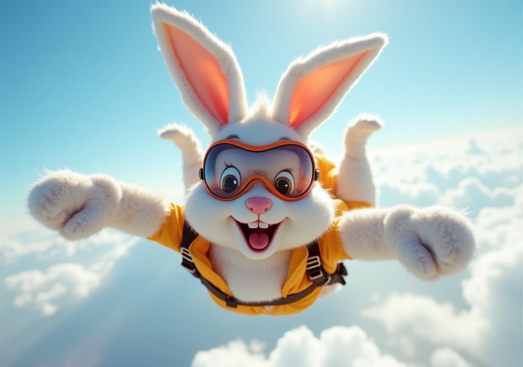  good quality, high quality, a happy bunny in goggles skydives with a big smile.