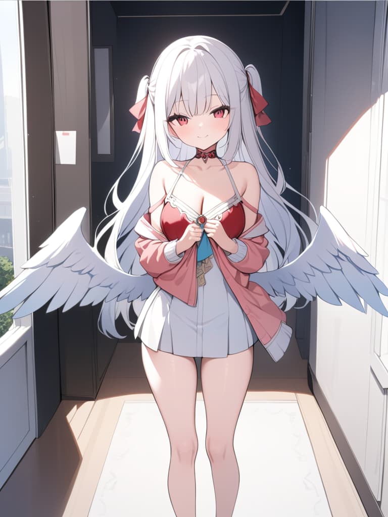  1 Girl, solo, white hair, hair tip dark pink, gradation, twosideup, long hair, angel, smile, whole body, standing picture, red eyes, masterpiece, best quality,8k,ultra detailed,high resolution,an extremely delicate and beautiful,hyper detail