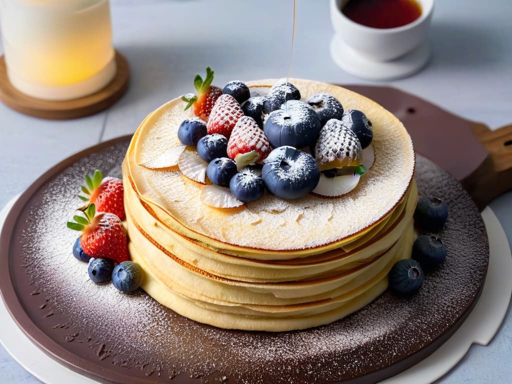  An ultradetailed, photorealistic image of a stack of perfectly cooked Japanese crepes, delicately folded and filled with a variety of colorful fruits like strawberries, blueberries, and kiwi. The crepes are dusted with powdered sugar and drizzled with a glossy chocolate sauce, all placed on a modern, elegant plate with a decorative sprig of mint on the side. The lighting highlights the textures of the crepes, showcasing their thin, soft layers and the vibrant hues of the fresh fruits, creating an enticing and visually appealing culinary masterpiece. hyperrealistic, full body, detailed clothing, highly detailed, cinematic lighting, stunningly beautiful, intricate, sharp focus, f/1. 8, 85mm, (centered image composition), (professionally color graded), ((bright soft diffused light)), volumetric fog, trending on instagram, trending on tumblr, HDR 4K, 8K