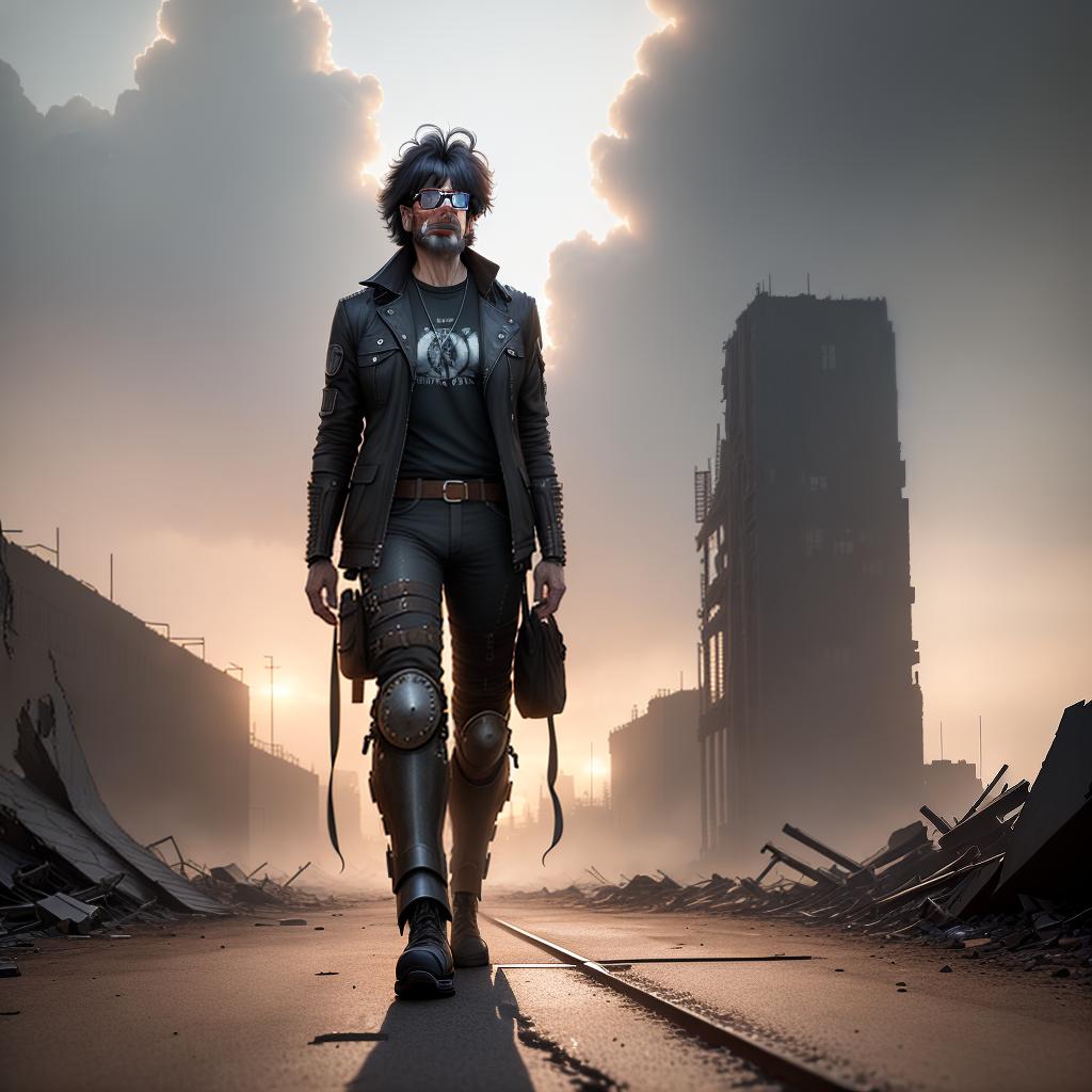 ((Masterpiece)), (((best quality))), 8k, high detailed, ultra-detailed. Charly Garcia walking through a post-apocalyptic wasteland, his footsteps leaving fiery imprints on the ground, while twisted metal structures and collapsed buildings loom around him. hyperrealistic, full body, detailed clothing, highly detailed, cinematic lighting, stunningly beautiful, intricate, sharp focus, f/1. 8, 85mm, (centered image composition), (professionally color graded), ((bright soft diffused light)), volumetric fog, trending on instagram, trending on tumblr, HDR 4K, 8K