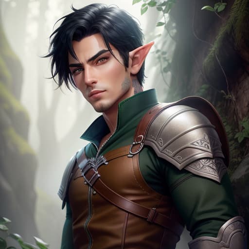  male half-elf ranger with short black hair and light green eyes and tattoos , hyperrealistic, high quality, highly detailed, perfect lighting, intricate, sharp focus, f/1. 8, 85mm, (centered image composition), (professionally color graded), ((bright soft diffused light)), trending on instagram, HDR 4K, 8K