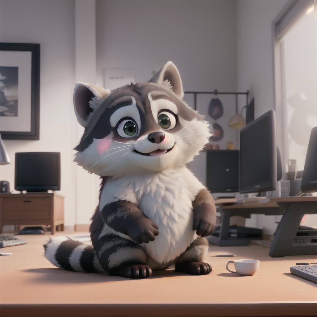  raccoon sitting in gaming chair front a computer on desktop, ((semi anthropomorphic)),(full body), tail, belly, sitting, fat, (chubby), (((white background))), solo, desktop, gaming chair, side view,  [[[clothes]]] hyperrealistic, full body, detailed clothing, highly detailed, cinematic lighting, stunningly beautiful, intricate, sharp focus, f/1. 8, 85mm, (centered image composition), (professionally color graded), ((bright soft diffused light)), volumetric fog, trending on instagram, trending on tumblr, HDR 4K, 8K