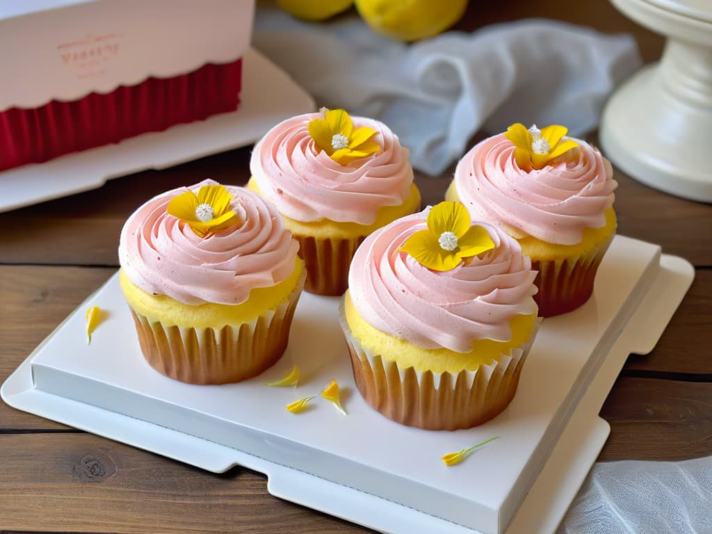  A closeup, ultradetailed image of a freshly baked batch of pink lemonade cupcakes displayed on a rustic wooden table. The cupcakes are intricately decorated with swirls of pastel pink lemonadeflavored frosting, topped with delicate lemon zest curls and tiny edible flowers. The soft natural lighting enhances the glossy texture of the frosting, while a hint of steam rises from the stillwarm treats, evoking a sense of freshness and indulgence. hyperrealistic, full body, detailed clothing, highly detailed, cinematic lighting, stunningly beautiful, intricate, sharp focus, f/1. 8, 85mm, (centered image composition), (professionally color graded), ((bright soft diffused light)), volumetric fog, trending on instagram, trending on tumblr, HDR 4K, 8K