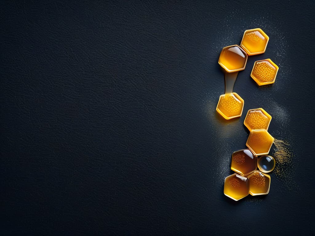  A closeup, ultradetailed image of a perfect golden honeycomb drizzled with rich, luxurious Manuka honey, set against a sleek, black background. The honey glistens under soft, focused lighting, showcasing its intricate texture and rich amber color. Each hexagonal cell of the honeycomb is perfectly formed, capturing the essence of gourmet sweetness and elegance. hyperrealistic, full body, detailed clothing, highly detailed, cinematic lighting, stunningly beautiful, intricate, sharp focus, f/1. 8, 85mm, (centered image composition), (professionally color graded), ((bright soft diffused light)), volumetric fog, trending on instagram, trending on tumblr, HDR 4K, 8K