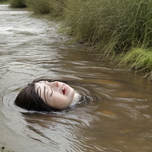  woman's head sinking in the river she looks panic