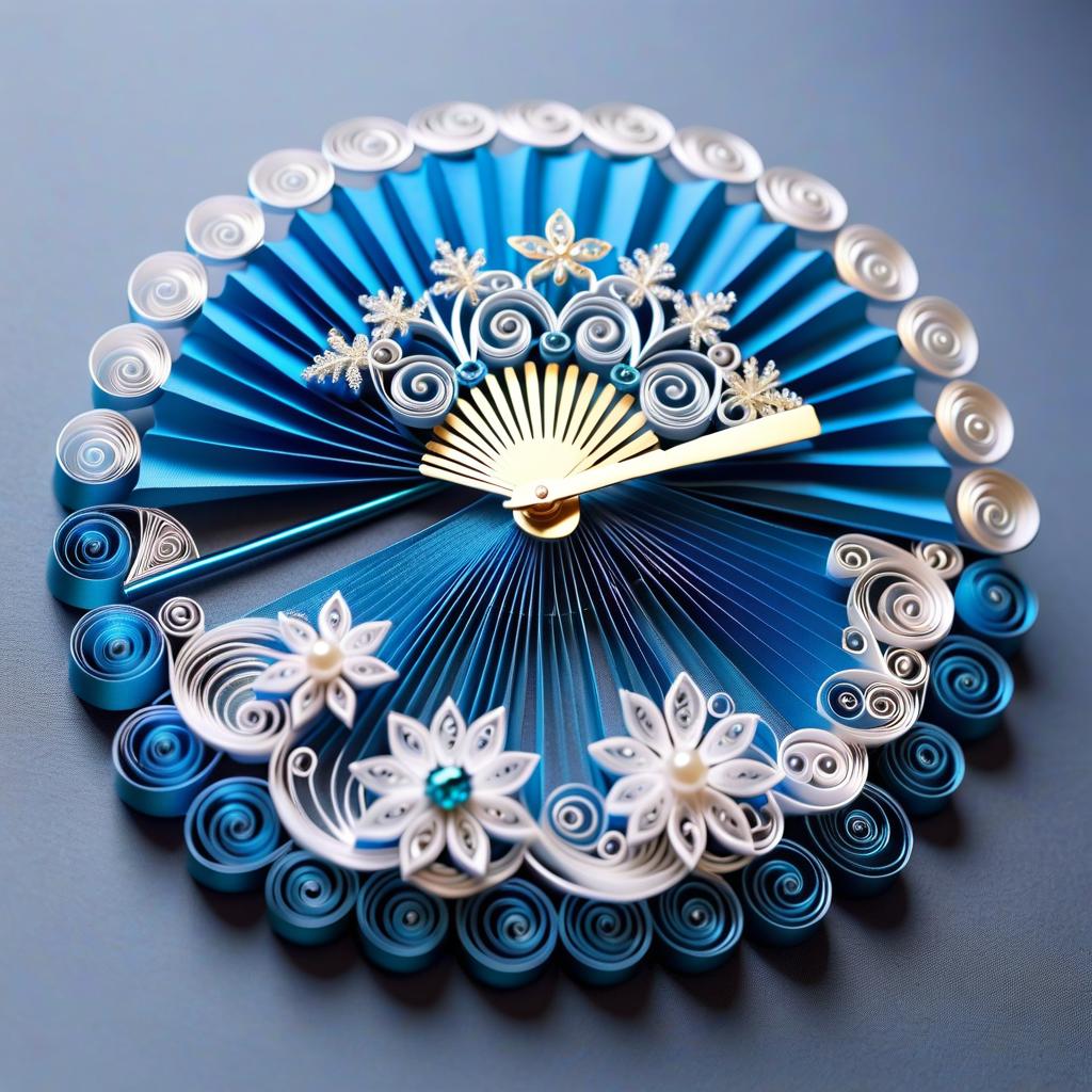  paper quilling art of (Ladies fan, winter design): colour silver blue, decorated with stars, snowflakes, frost. (Gears and shaft): silver pearl colour. (Pin): in the form of an ice cube. Empire, fantasy, baroque. . intricate, delicate, curling, rolling, shaping, coiling, loops, 3D, dimensional, ornamental hyperrealistic, full body, detailed clothing, highly detailed, cinematic lighting, stunningly beautiful, intricate, sharp focus, f/1. 8, 85mm, (centered image composition), (professionally color graded), ((bright soft diffused light)), volumetric fog, trending on instagram, trending on tumblr, HDR 4K, 8K