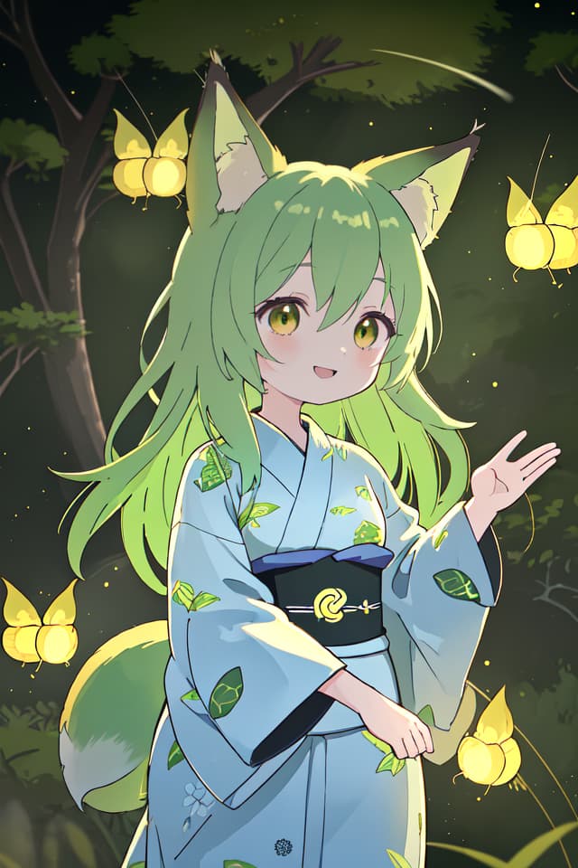  A yukata of the green hair character in the fox ear, the light of countless fireflies shines in the dark countryside, a very beautiful smile, a large amount of fireflies dancing, detailed shadows, delicate lines, detailed fine details. Lines, ultra high image quality, 4K, 8k, both hands in front of the small firefly light from the inside of the 👐