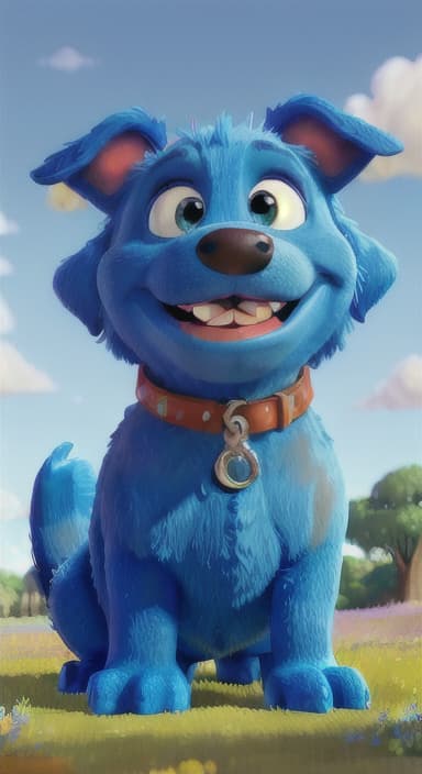  {A happy, big blue dog wagging its tail in a colorful meadow, The big blue dog is large with sky blue fur, big round eyes, a black nose, and floppy ears.