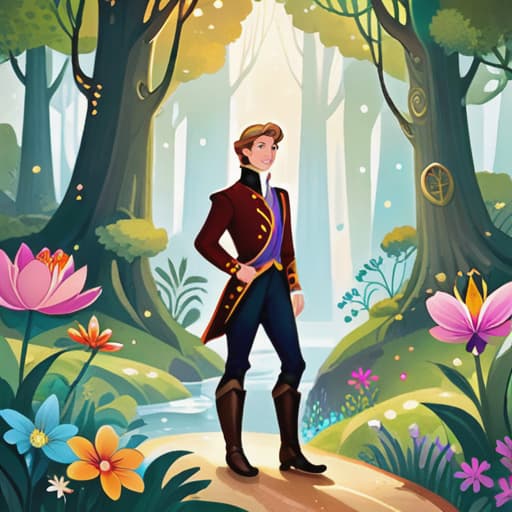  Image style: 'Dizney Ani Style'. Illustration style: The illustration style is vint and colorful, with a touch of whimsy and fantasy. Character: The prince and the fairy are seen standing together, looking determined and ready for an adventure. Place: They are in a magical forest, surrounded by tall trees, colorful flowers, and sparkling streams. Action: The prince and the fairy are holding hands, as if they are about to embark on a journey. Sch Bubble: "Let's stop the evil sorcerer and save the ren's stories!" Object Decoration: There are floating books and pages from ren's stories scattered around the scene. Facial expression: The prince has a determined and courageous expressio hyperrealistic, full body, detailed clothing, highly detaile hyperrealistic, full body, detailed clothing, highly detailed, cinematic lighting, stunningly beautiful, intricate, sharp focus, f/1. 8, 85mm, (centered image composition), (professionally color graded), ((bright soft diffused light)), volumetric fog, trending on instagram, trending on tumblr, HDR 4K, 8K