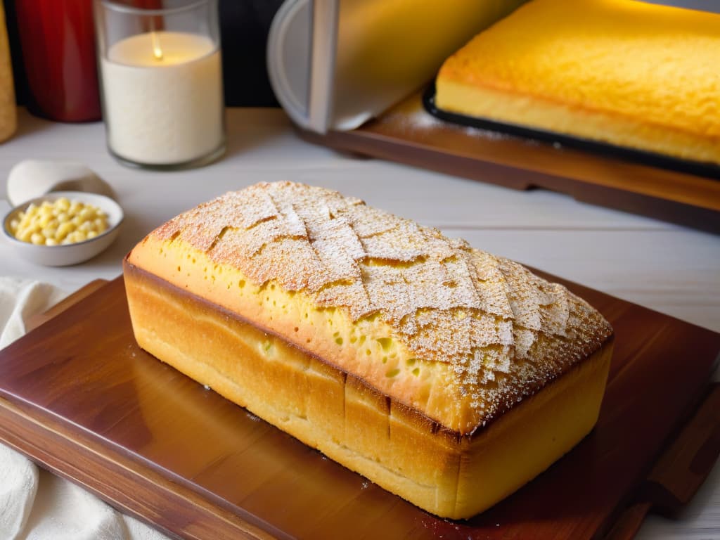  An ultradetailed image of a freshly baked pan de elote resting on a rustic wooden table, showcasing its goldenbrown crust speckled with bits of corn kernels and a sprinkle of powdered sugar on top. The warm hues of the cornbread contrast beautifully with the dark wood, while a soft, natural light filters in from a nearby window, casting a gentle shadow of the dessert. The texture of the cornbread appears moist and crumbly, inviting the viewer to imagine the sweet, comforting flavors of this traditional Latin American treat. hyperrealistic, full body, detailed clothing, highly detailed, cinematic lighting, stunningly beautiful, intricate, sharp focus, f/1. 8, 85mm, (centered image composition), (professionally color graded), ((bright soft diffused light)), volumetric fog, trending on instagram, trending on tumblr, HDR 4K, 8K