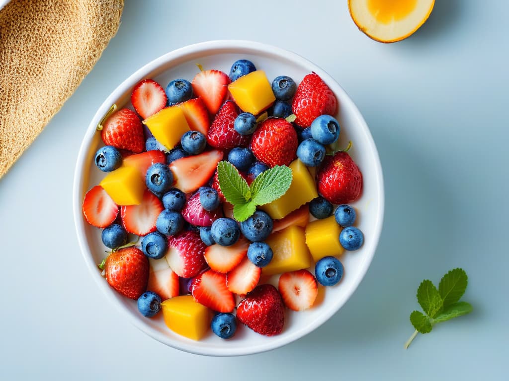  A closeup, ultradetailed image of a decadent and colorful fruit salad arranged meticulously in a white, modern bowl. The fruits glisten with freshness, showcasing vibrant hues of strawberries, blueberries, kiwi, and mango, all artfully placed against a backdrop of delicate mint leaves. The lighting highlights each piece, creating a visually striking and appetizing composition that embodies the essence of healthy and delicious desserts. hyperrealistic, full body, detailed clothing, highly detailed, cinematic lighting, stunningly beautiful, intricate, sharp focus, f/1. 8, 85mm, (centered image composition), (professionally color graded), ((bright soft diffused light)), volumetric fog, trending on instagram, trending on tumblr, HDR 4K, 8K