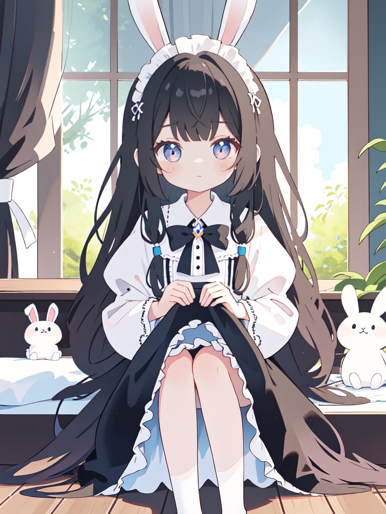  Girls, maids, mini characters, long hair, mysterious face, rabbit ears, princess sitting, sitting, masterpiece, best quality,8k,ultra detailed,high resolution,an extremely delicate and beautiful,hyper detail