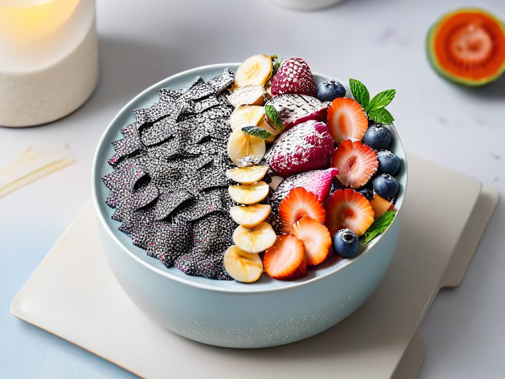  A closeup, ultradetailed image of a vibrant açai bowl topped with fresh berries, chia seeds, and coconut flakes, set against a sleek, white marble background. hyperrealistic, full body, detailed clothing, highly detailed, cinematic lighting, stunningly beautiful, intricate, sharp focus, f/1. 8, 85mm, (centered image composition), (professionally color graded), ((bright soft diffused light)), volumetric fog, trending on instagram, trending on tumblr, HDR 4K, 8K