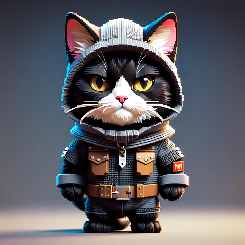  pixel art a cat in balaclava with a knife M9 Bayoonet . low res, blocky, pixel art style, 8 bit graphics hyperrealistic, full body, detailed clothing, highly detailed, cinematic lighting, stunningly beautiful, intricate, sharp focus, f/1. 8, 85mm, (centered image composition), (professionally color graded), ((bright soft diffused light)), volumetric fog, trending on instagram, trending on tumblr, HDR 4K, 8K