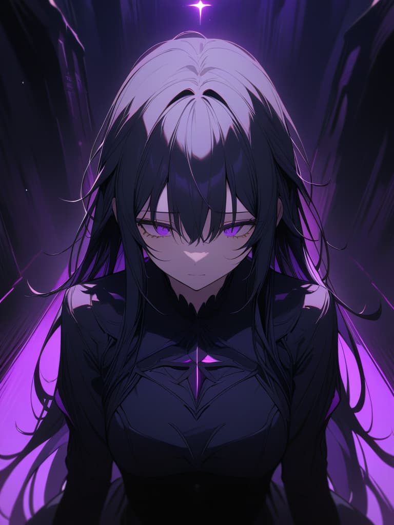  Fallen angel,black hair,long hair,purple eyes,falling darkness,eyes shining,devastated world,black dress,beautiful,beautiful girl,black gloves,darkness,purple light、Face up,diagonal face,contrast,dark,strong light,no eye highlights、(absurd detailed:1.4、best quality:1.4、masterpiece:1.4)、, masterpiece, best quality,8k,ultra detailed,high resolution,an extremely delicate and beautiful,hyper detail