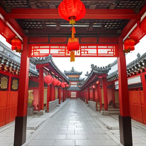  Chinese traditional buildings, lanterns hanging under the eaves, double happiness and "inverted" blessing pasted on the door,