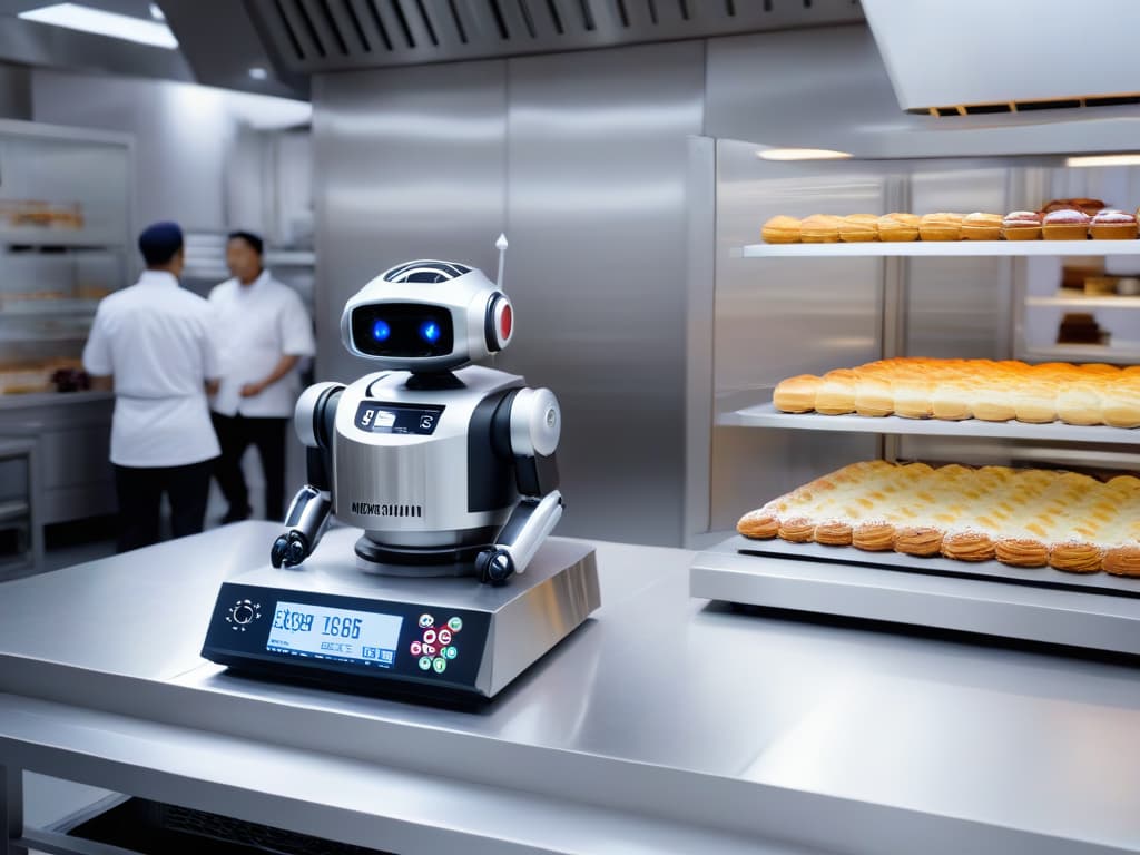  A sleek and modern kitchen countertop with a highend, silver metallic kitchen robot standing prominently in the center. The robot is elegantly designed with a digital display showing a vibrant dessert being created. The background is a soft focus of a bustling bakery with chefs in white uniforms, adding a professional and inspirational touch. hyperrealistic, full body, detailed clothing, highly detailed, cinematic lighting, stunningly beautiful, intricate, sharp focus, f/1. 8, 85mm, (centered image composition), (professionally color graded), ((bright soft diffused light)), volumetric fog, trending on instagram, trending on tumblr, HDR 4K, 8K