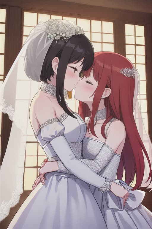  (Masterpiece, highest quality), (((red short -haired bride & bride with long hair))) 1.5, ((hugging face -to -face)), (kiss with fingers with fingers), (Connect CHEEK TO CHEEK) ), ((Wedding between brides, wedding dress)), smile