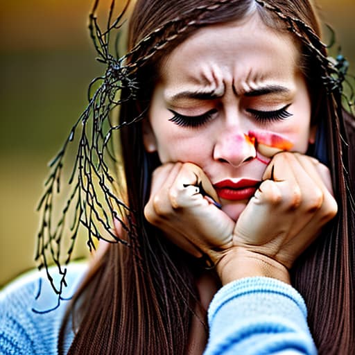  Young Jew Girl crying eyes closed hand stuck in barbed wire bleeding