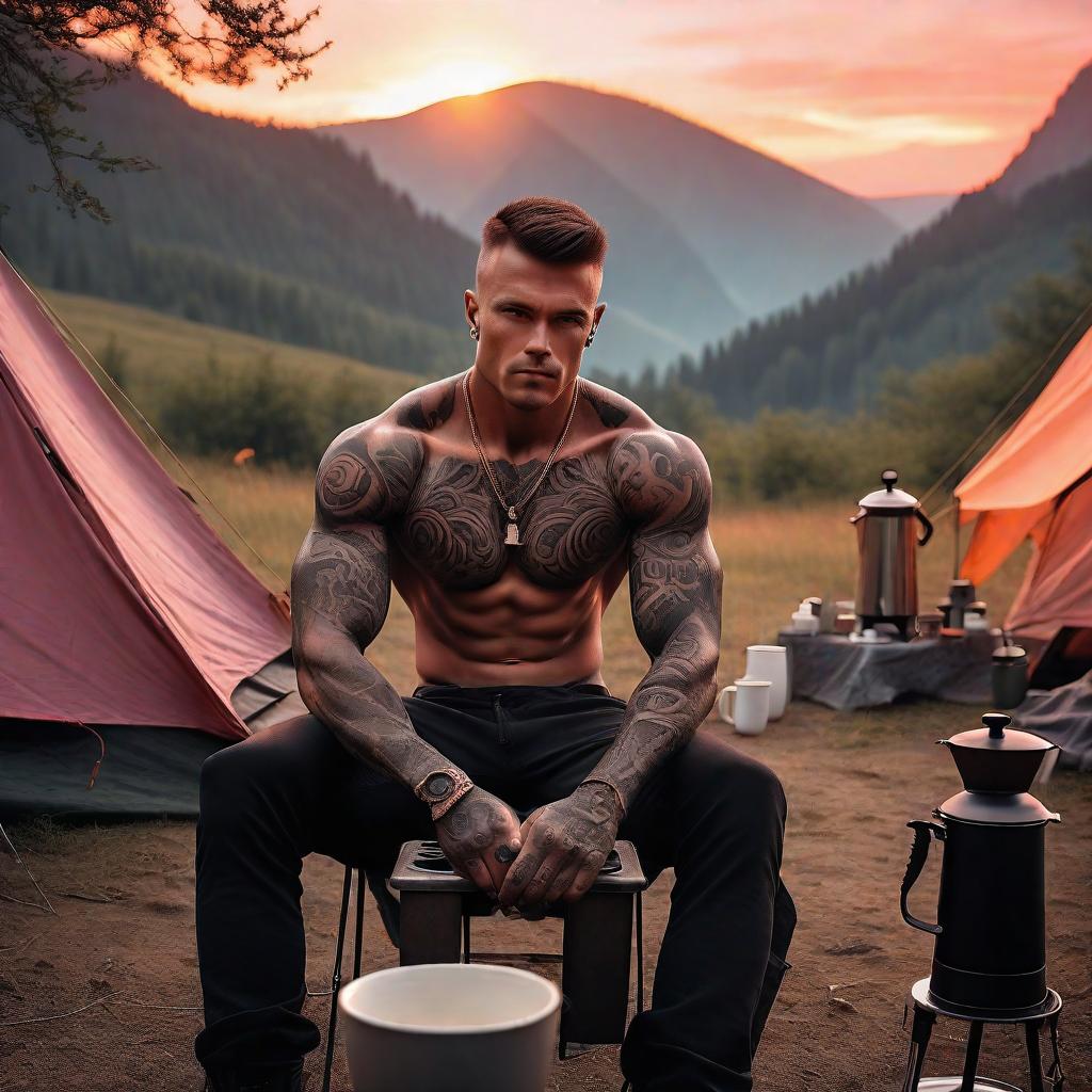  A muscular guy with spectacular black tattoos and a cropped and cascading haircut sits in nature, making coffee next to an open tent. In the background, a beautiful sunrise paints the sky in warm shades of orange and pink .