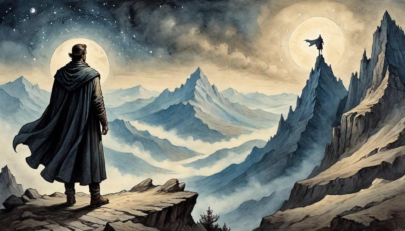  on parchment, surrealism+++, A lone figure standing atop a mountain peak, cloak billowing in the wind, gazing into the distance, symbol of steadfast truth and potential for global change, mountain rugged, under starlit sky, stand embodies conviction and resolve, landscape vast and untamed, inspiring action(mysterious, provocative, symbolic,muted color)+++