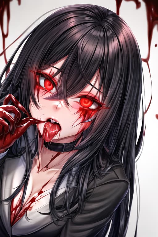  long black hair,glowing red eyes,red eyeliner,suit,covered in blood,licking fingers and drooling